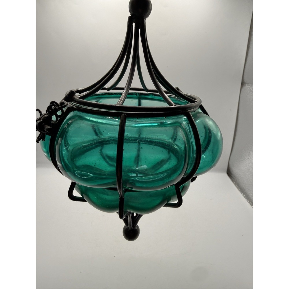 Vintage Murano Style Caged Teal Glass Pendant Tea Light Holder MCM